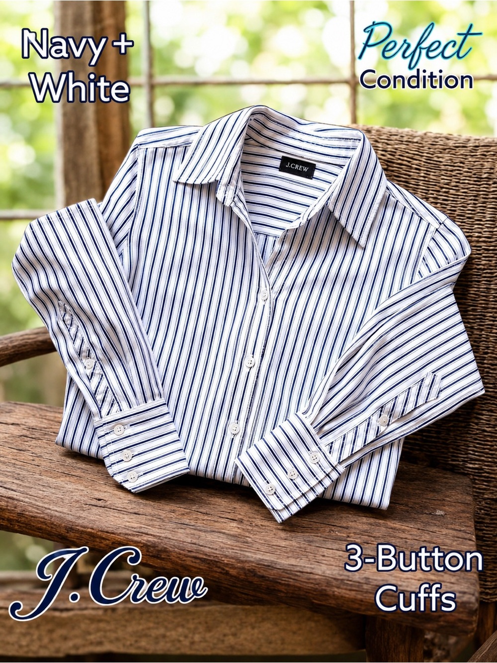 Like New 🌸 J Crew Navy and White Striped Button-Down Shirt Slim Fit, Kathryn Cut - Picture 14 of 16